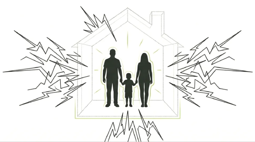 Representación del impacto emocional de un robo en una familia dentro de su hogar