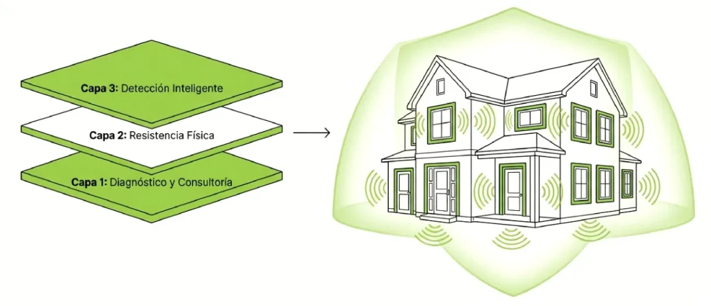Esquema de las tres capas de la seguridad integral aplicada a una vivienda
