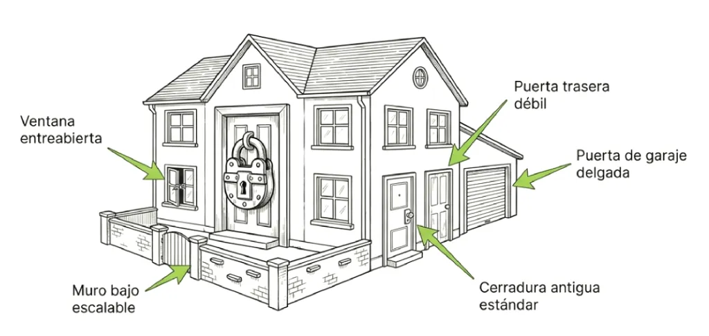 Ilustración de una vivienda con puntos vulnerables de seguridad en puertas, ventanas y accesos